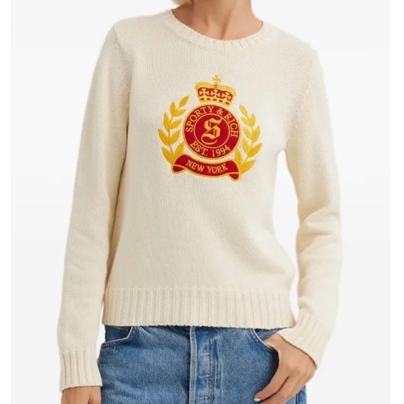 Sporty & Rich Sweaters - Sporty & Rich NY Crest Knitted Sweater, Ecru, Large, Embroidered Logo, Luxury